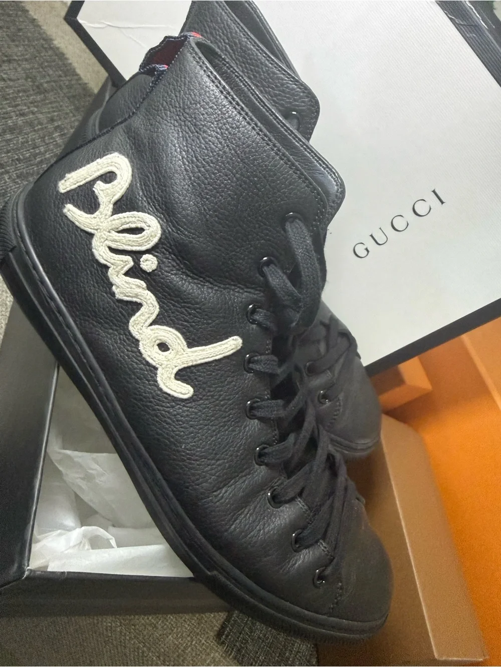 Gucci Black Leather High-Top Sneakers with White Script